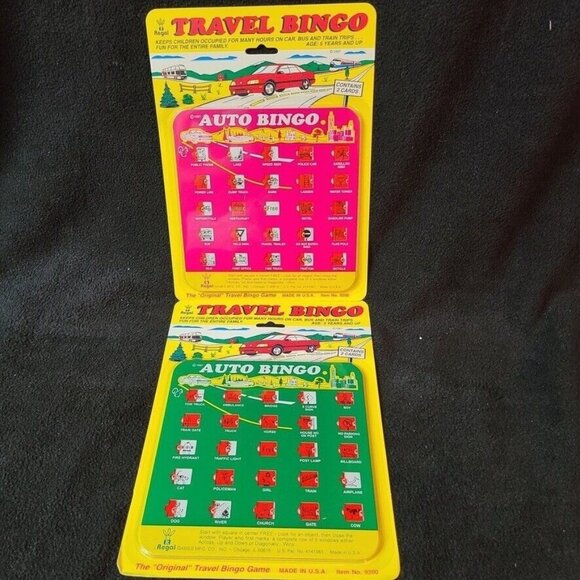 Vintage Travel Bingo Regal Games 2 Pack 4 Cards Green Pink Road Trips Kids - Picture 1 of 3